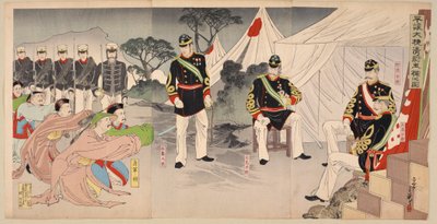 Generales del ejército chino rindiéndose a los comandantes japoneses, octubre 1894 de Migita Toshihide